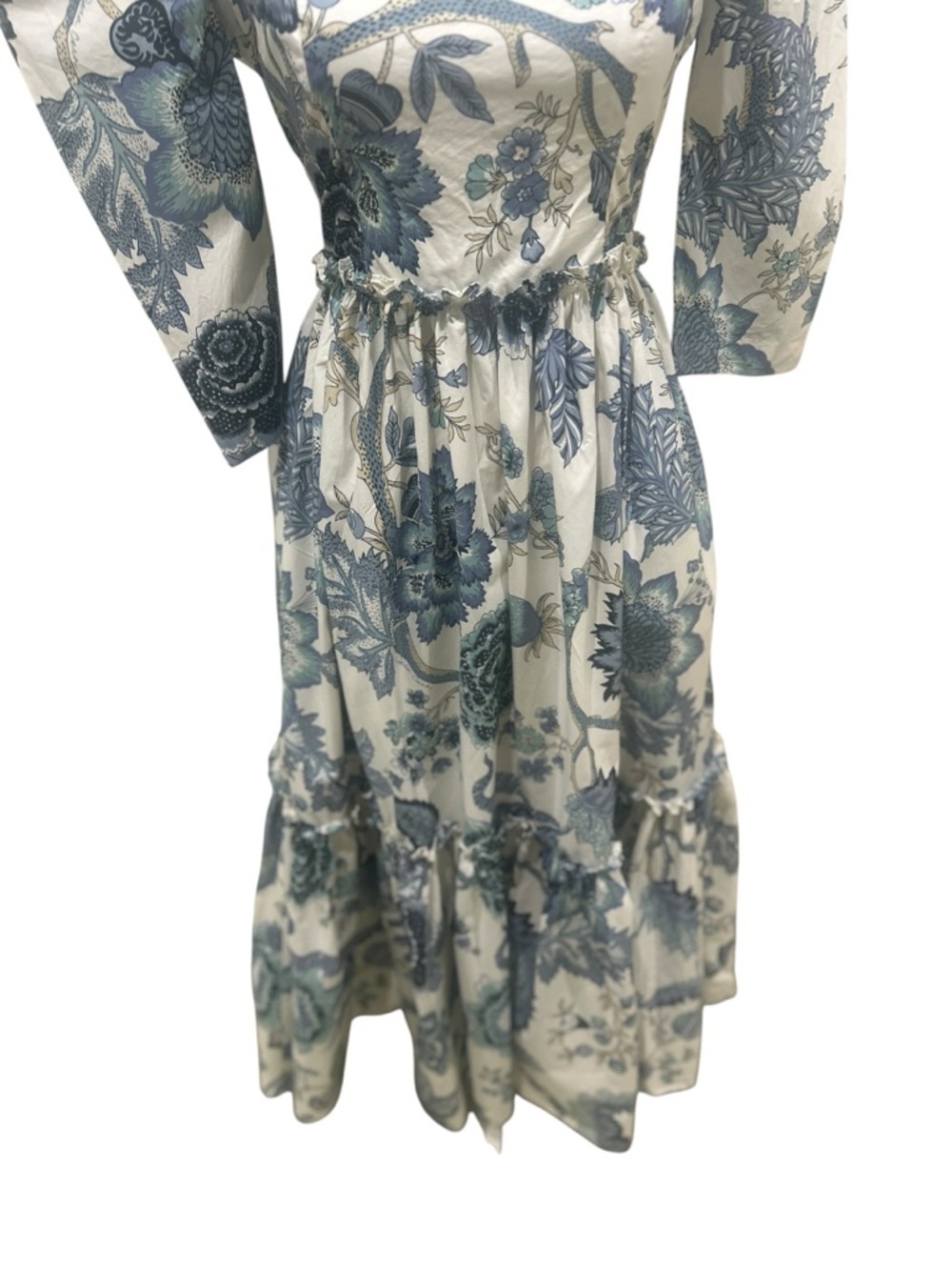 Cara Cara Blue & Cream Floral Square-Neck Midi Dress puff sleeve ruffle hem 2 - Picture 10 of 14